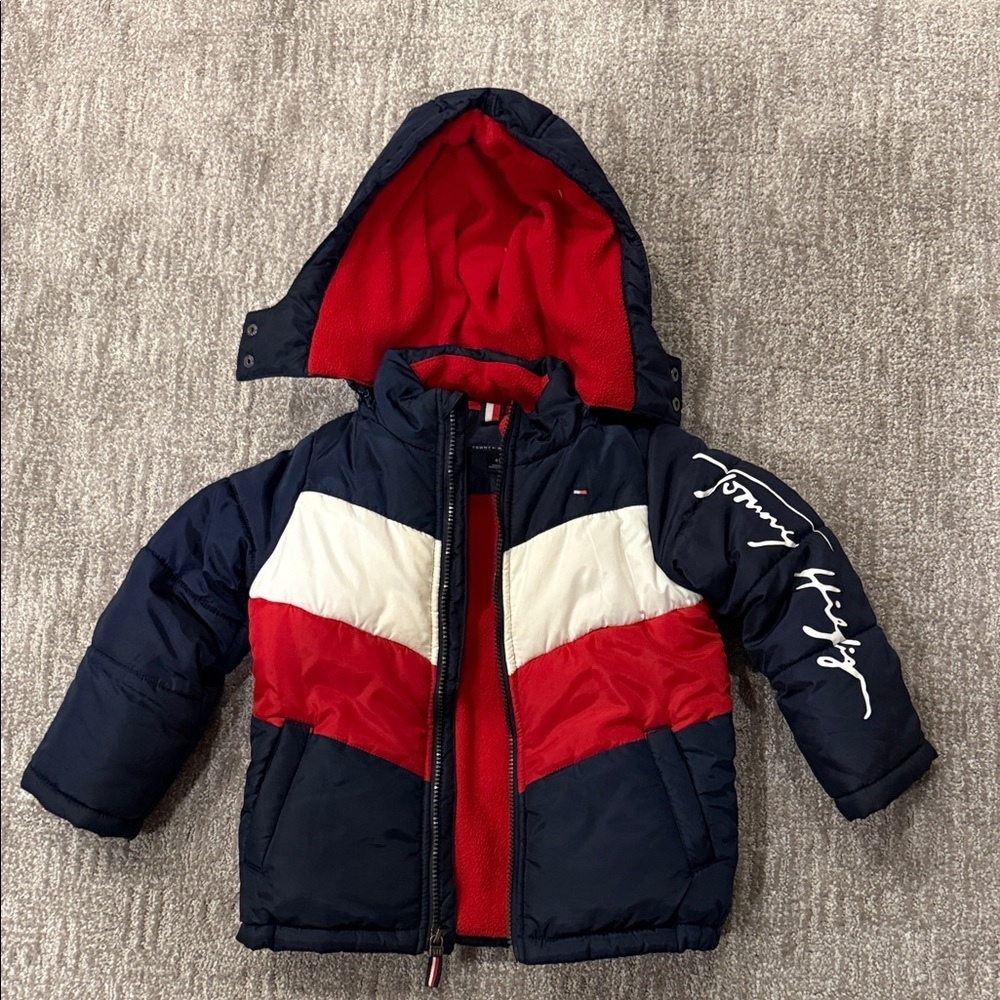 Tommy Hilfiger Kids Red and Navy Puffer Fleece Hood Jacket Size 4T
